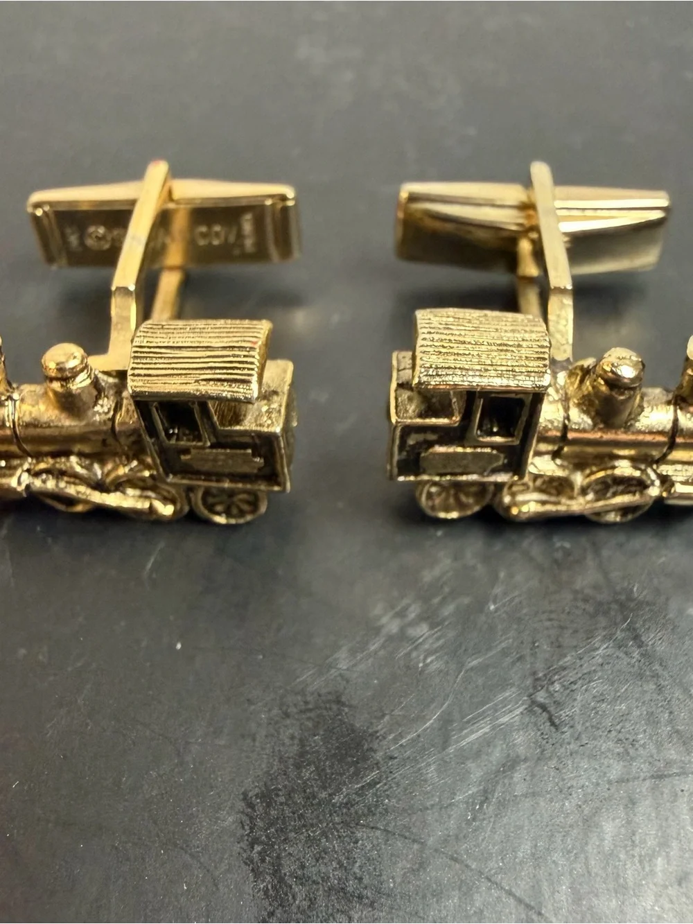 Gold Tone Train Engine Cuff Links and Tie Pin - Sarah Coventry Locomotive Suit
